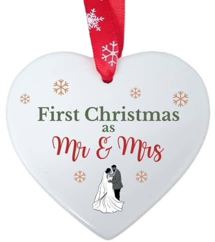Second Ave First Christmas as Mr & Mrs Ceramic Hanging Heart Xmas Tree Decoration Bauble Wedding Gift