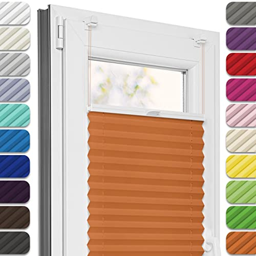 Estika Plissee ohne Bohren, Premium Klemmfix - 35cm Breite x 150cm Höhe - Orange - Metal Plisseehalter ohne Bohren, Modern Sichtschutz für Fenster, Jalousien Fenster für innen