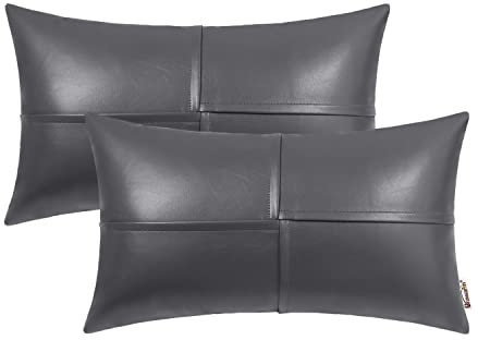BRAWARM Lendenkissenbezüge aus Kunstleder, 30,5 x 50,8 cm, graues Leder, handgenäht, dekoratives Dekokissen für Couch, Sofa, Bett, Wohnzimmer, Zuhause, Garten, 30,5 x 50,8 cm, 2 Stück