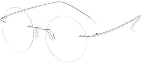 VEVESMUNDO Rahmenlos Blaulichtfilter Lesebrille Herren Damen Metall Titan Retro Runde Nerdbrille Anti Blaulicht Randlos Brillen (1 Stück Silber, 2.0)