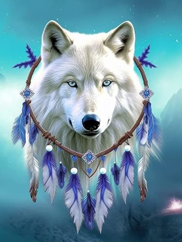 Hoobee 5D Diamond Painting DIY Set Wolf Traumfänger, Diamond Painting Bilder Tier, Vollbohrer Stickerei Kreuzstich Kunst Handwerk für Zuhause Wanddekoration (30×40 cm)