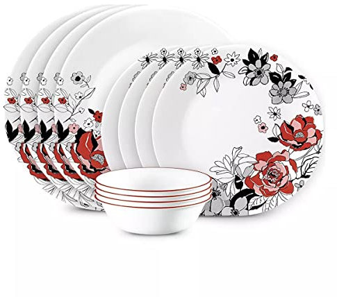 CORELLE Chelsea Rose 1149526 Geschirrset, Service für 4 Personen, Rot, Schwarz, Grau, 12-teilig