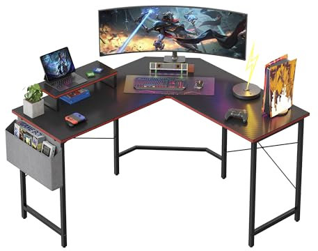 CubiCubi Gaming Tisch Eckschreibtisch 120x120cm, Schreibtisch mit Monitorständer und Seitlicher Aufbewahrungstasche, Gaming Schreibtisch L Form, Computertisch, Kohlefaser Schwarz
