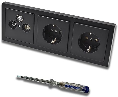 Busch Jäger SET: Unterputz 3Loch Dose 47-2150 MHz, Enddose Stichdose, Radio/TV/SAT-Kompatibilität + Future Linear Schwarz Matt Rahmen + 2x Steckdose 20EUC-84 + EBROM Phasenprüfer zur Montage d. Geräte