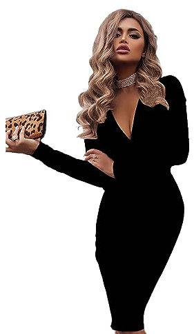 Hanaoops Women's Sexy V Neck Long Sleeve Dress Black Elegant Package Hip Slim Long Dresses Lady Vacation Cocktail Party Wedding Evening Gowns S