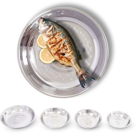 Liebspecht Vassoio da portata rotondo – Vassoio da portata in argento – metallo robusto – ideale per alimenti, frutta, carne e formaggio – facile da pulire – Set di 4 tovagliette ovali in acciaio, 14