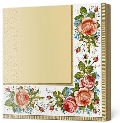 Maki 3-Ply Tissue Paper Napkins Serviettes for Decoupage Lunch 33cm x 33cm - Pack of 20 (Vintage Roses Cream)