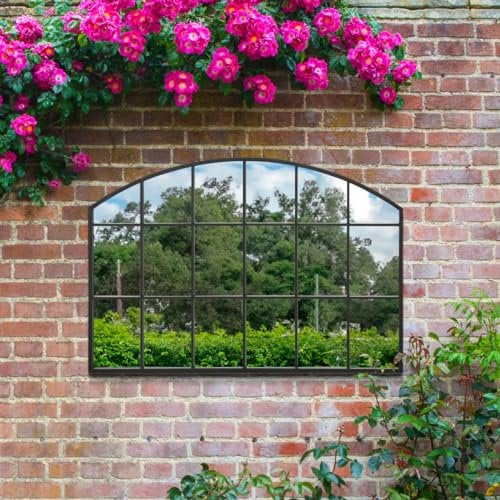 MirrorOutlet The Arcus - Black Framed Modern Arched Garden Wall Window Mirror 43 X 29 (110CM X 75CM) Silver Mirror Glass with Black All weather Backing