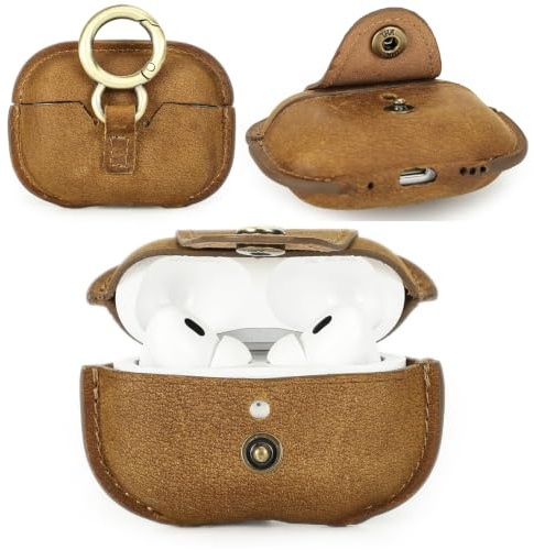 CONTACT'S FAMILY Top Grain Leather Case Cover for AirPods Pro 2 with Keychain Clip, Genuine Vintage Crazy Horse Cowhide Leather Case for Airpods Pro 2,Luxury Earbuds Accessory for Men & Women (Brown)