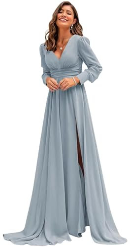 HYEC7 Women's Chiffon Bridesmaid Dress Long Sleeve Prom Dress with Slit Elegant V Neck Chiffon Formal Evening Gown Dusty Blue