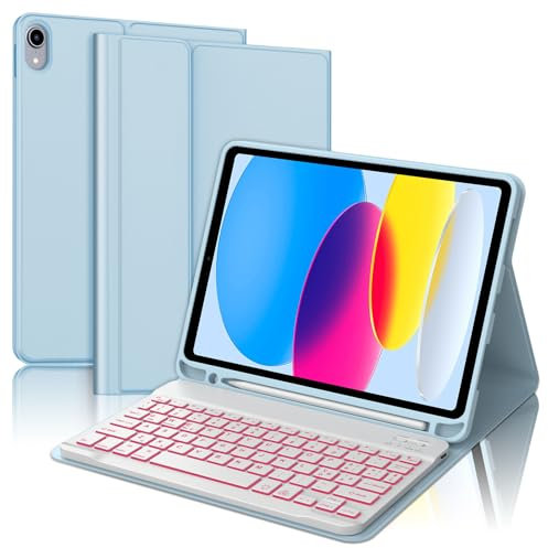 Tastiera per iPad A16 11/10 Generazione (2025/2022), Cover con Tastiera per iPad 11 Gen 11 Pollici/10 Gen 10.9 Pollici, Magnetica Retroilluminazione QWERTY Keyboard, Custodia con Portapenna, Azzurro