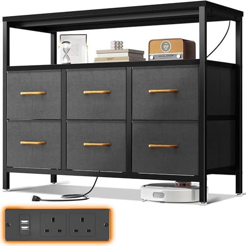 ODK Chest of Drawers Bedroom with 6 Drawers, Fabric Storage Drawers with 2 USB and 2 Sockets, Dresser Suitable for Bedrooms, Living Rooms, Sturdy Storage Dresser with Shelves, Black