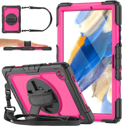 DAORANGE Hülle für Samsung Galaxy Tab A8 10.5 2022/2021(SM-X200/X205/X207), Stoßfeste Schutzhülle mit Displayschutzfolie, 360° Drehbar Stand, Handgurt&Schultergurt für Galaxy Tab A8 (Schwarz/Rose)