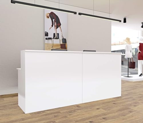 EIGENTLICH Empfangstheke modular moderne Rezeptionstheke Empfangstresen Hotellobby Empfangsbereich Bürotheke Praxistheke mit großer Arbeitsfläche Farbe weiß 240x75x110,5cm