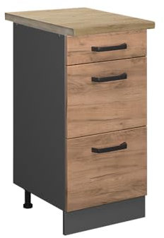 Vicco Küchenunterschrank R-Line, Goldkraft Eiche/Anthrazit, 40 cm mit Schubladen, AP Eiche