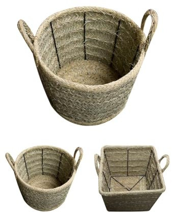 JARDIN202 - Cesta de Esparto Artesanal con Asas y Estructura Metálica - Diseño Redondo y Cuadrado | Redondo Grande -