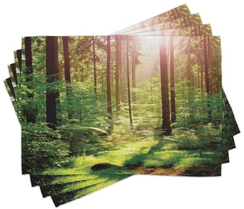 ABAKUHAUS Wald Platzmatten 8 Stück, Wald Frühling Zeit Sonnenuntergang Moos Woods Wildnis Fantasy Magical Aussicht Druck, Waschbare Stoff Esszimmer Küche Tischdekorations, Farngrün