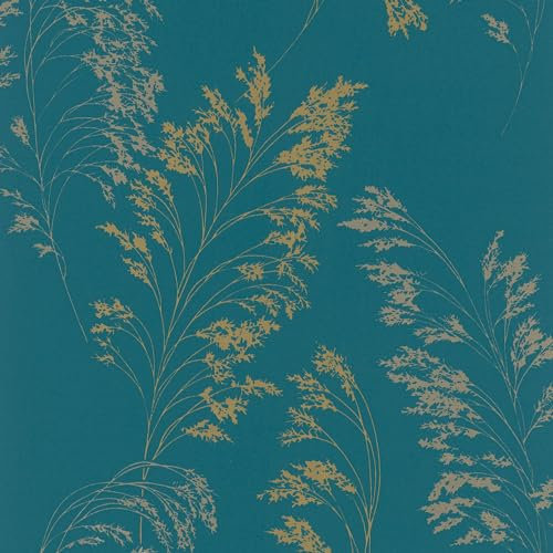 Galerie Teal/Gold Shrub Leaf On Plain Linen Texture Vinyl on Non-Woven Soft Metallic Wallpaper Roll