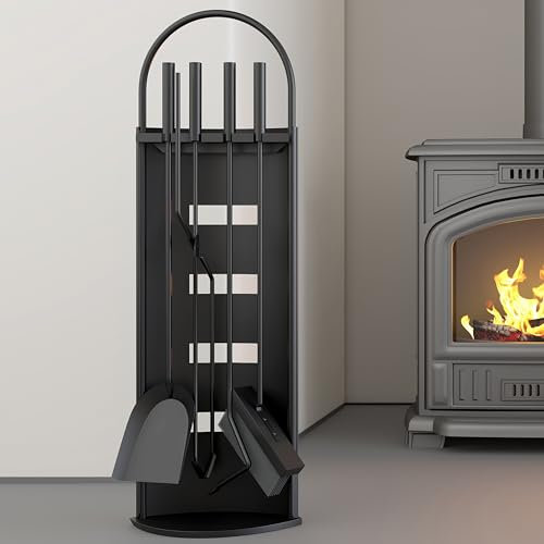 Kingson Lot de 5 outils de cheminée noirs 22 x 16 x 66 cm - Complet pour brûleur à bûches - Accessoires de cheminée pour un entretien efficace du foyer
