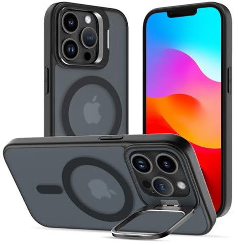 Cover Cavalletto per iPhone 12 Pro Max, Compatibile con MagSafe, Magnetica Custodia con Supporto per Fotocamera Regolabile Integrato Traslucida Opaca Antiurto Protettiva Resistente Case, Nero