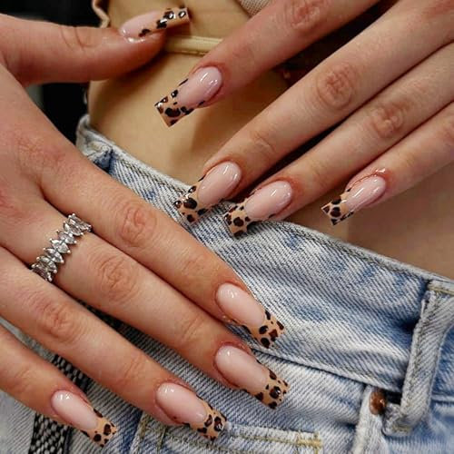 24 unghie finte con stampa leopardata con lima per unghie, copre completamente le unghie, unghie artificiali, lunghe bara, premere sulle unghie