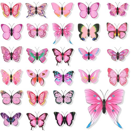 ERBO 50 Stück Rosa Schmetterlinge Deko mit Sicherheitsnadeln, PVC Schmetterling Brosche, für Kinderzimmer Deko, Dekoration Curtains, Dining Table, Büro (Rosa)