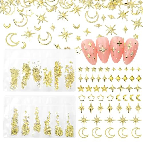 BelleVive 12 Gitter Stern-Nagel-Charms und Mond-Nagel-Charms, Stern-Mond-Kreuz glänzende goldene Nagelstecker, mehrere Größen Stern-Mond-Schneeflocken-Metall-Nagelkunst-Ohrstecker