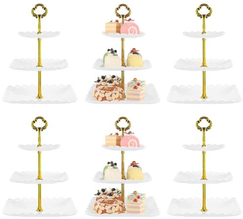 AHAQU 6PCS 3 Tier Cupcake Stand, Plastic Cake Stands for Afternoon Tea, Square Fruit Dessert Stand Display for Birthday, Party, Anniversary, Baby Showers, Wedding- Gold
