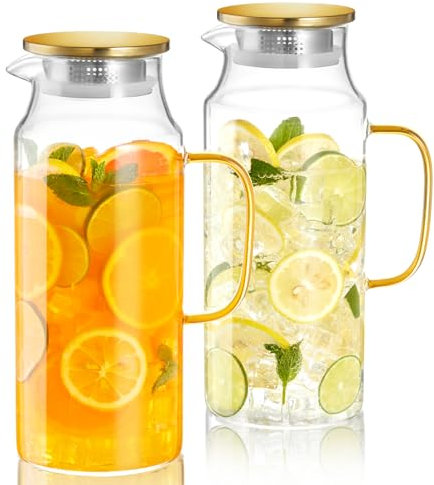 Paquete de 2 jarras de vidrio de 2 litros con tapa y boquilla, jarra de vidrio dorado para refrigerador, jarra de agua para agua caliente/fría, jarra grande para té helado, café, jugo y bebidas