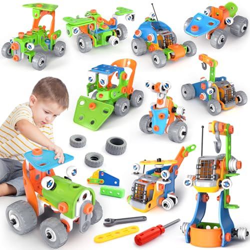 Toys for 4 5 6 7 8 9 Year Old Boys, 10 in 1 STEM Construction Toys for Boys Age 5 6 7 Toy Cars Building Toy for 4-9 Year Old Boy Birthday Easter Gifts for Boy Girls Age 5-10 Excavator Digger Toy