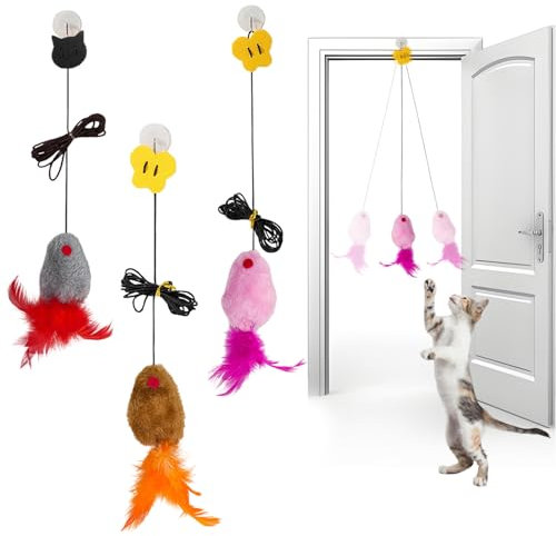 Keratobleem 3 Pièces Suspendue Souris Jouet Chat Interactif, Jouet Chat Interactif Porte Suspendue, avec Corde et Souris en Peluche Jouet d'exercice de Chasse pour Chatons