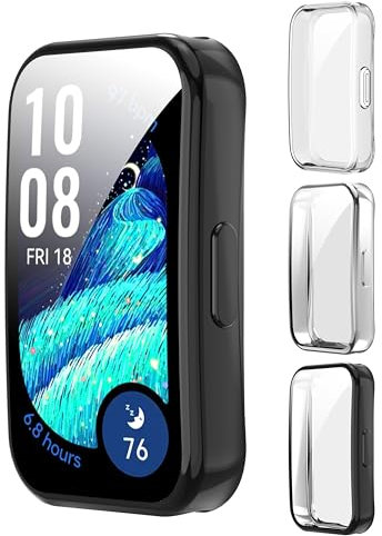 AIDOWU 3 Pezzi Custodia per Huawei Band 10/9/8 TPU Morbido Pellicola Protettiva Anti Graffio,Sensibile al Tocco,Ultrasottil Cover,Nero&Argentato&Trasparente