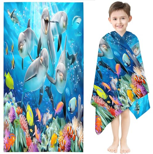Fadaing Delphin Strandtuch 90x180 cm Ozean Tropisch Fische Badetuch Strandlaken Cartoon Delphin Handtücher 50x100cm Badetuch Groß 100x200cm Microfaser Handtücher(2,80 x 150 cm)