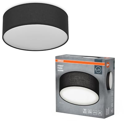 Osram ORBIS PARIS Deckenleuchte 300mm, schwarz, E27-Sockel, kann mit smarter Lampe bestückt werden, hochwertiges, modernes Design, mit Stoffschirm, geeignet für Innenräume, rund, IP20 Schutzklasse