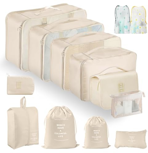 ZUPAPJO Koffer Organizer Set, 13 Stück Packing Cubes, Wasserdichte Kofferorganizer für Urlaub und Reisen, Travel Organizer, Reiseorganizer mit Packtaschen Transparentem, Beige
