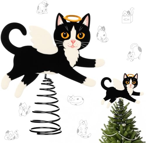 Soulchen Christmas Tree Topper Black Angel Cat Metal Treetop Topper with Wings for Xmas Holiday Decoration