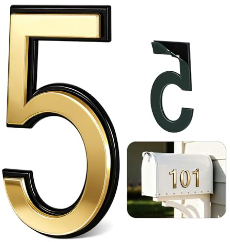 4 Inch Gold House Numbers for Outside, VONDERSO Self-Adhesive Mailbox Numbers with Exclusive Electroplated Finish and Durable ABS Base, for House Plaques, Mailbox, Yard, Garage – Plaque Number ‘5’