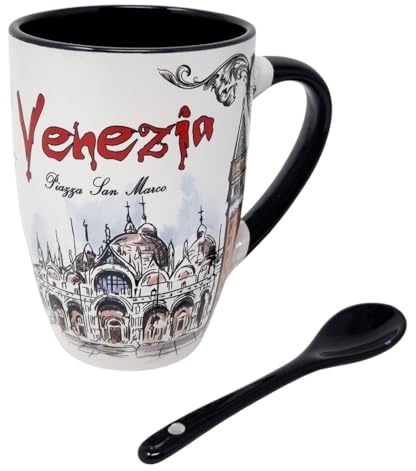 CUCUBA Tasse aus Keramik mit integriertem schwarzem Löffel künstlerisches Design Venedig mit Illustrationen Monumente Rialtobrücke San Marco C Grande 36 cl waschbar
