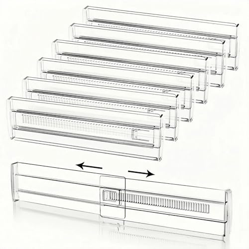 Stabile Schubladenteiler mit Zentralverriegelung – 6er Set Verstellbare, Transparente Schubladentrenner (28,5–50 cm) – Kein Verrutschen, Extra Halt für Küche, Bad & Büro