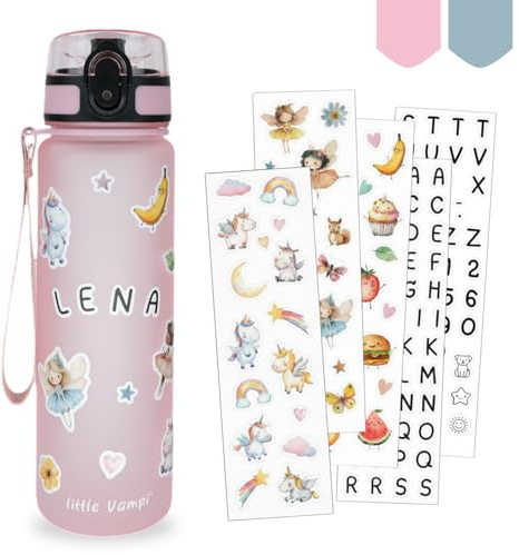 Little Vampi Trinkflasche Kinder Kohlensäure geeignet (500ml) – Auslaufsichere Kindertrinkflasche für Schule, Kita & Sport – BPA-frei & Spülmaschinenfest – Personalisiertes Geschenk mit Sticker-Set