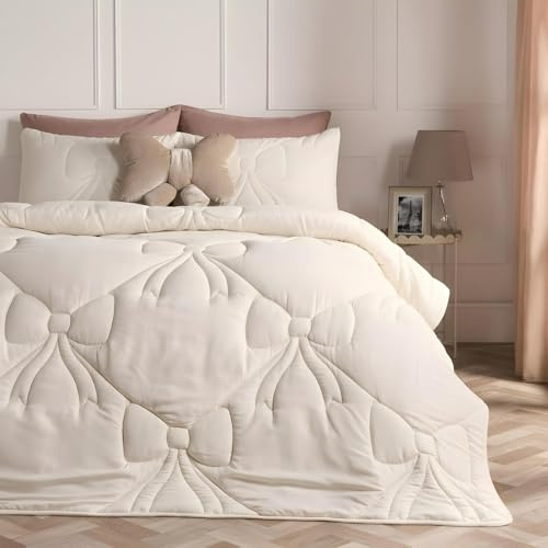 OHS Coverless Duvet Double, Gifts for Women 7.5 Tog Bow Bedding Soft Warm Microfibre Lattice Bow Quilted Coverless Duvet Summer Camping Quilt Comfy Washable Double Duvets with Pillowcases, Ivory