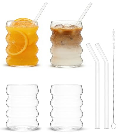 QinyOulhause Juego de 4 Vasos de Cristal con Pajita y Cepillos 350 ml – Vasos Ondulados Resistentes Al Frío y Al Calor para Café Helado, Agua y Bebidas