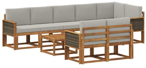 vidaXL Outdoor-Sofagarnitur 9 pcs Natürlich und Hellgrau Polyester, Stylisches Außensofa, wetterfestes Set, Bequeme Sitzgelegenheit für den Garten, Akazienholz Möbel