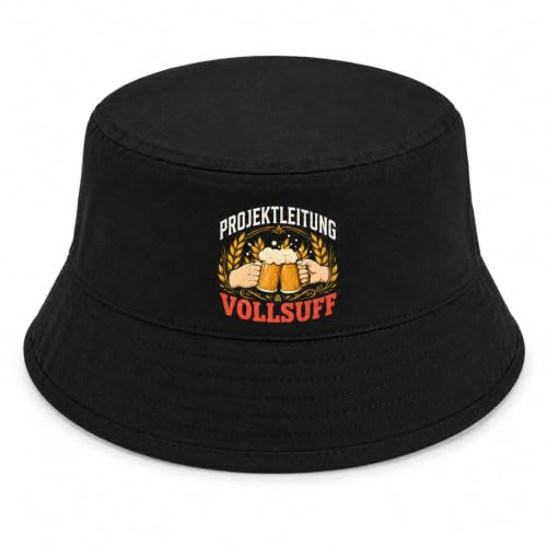 Fischerhut Projektleitung Vollsuff, Anglerhut Lustig Schwarz M (56-58cm) | Lustiger Bucket Hat mit Spruch Für Party Festival Bierfest Junggesellen-Abschied, Polyester, Auch als Sommerhut Anglerhut