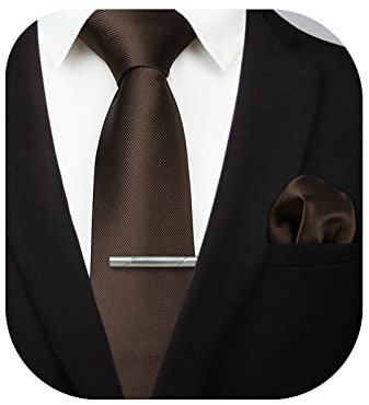 HISDERN Herren Solid Brown Krawattenklammer Taschentuch Hochzeit Party Classic Krawatte & Einstecktuch Set