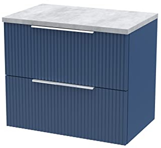 Hudson Reed DFF393LBG Fluted Modern Bathroom Wall Hung 2 Drawer Vanity Unit with Bellato Grey Laminate Worktop, 600mm, Satin Blue