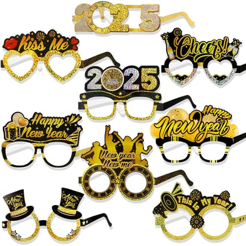 DPKOW 18 Stücke Glitzer Schwarz Gold Silvester Brille Happy New Year 2025 Partybrillen Lustige Silvester Foto Requisiten für Erwachsene Kinder Silvester Deko 2025 Silvester Party Zubehör