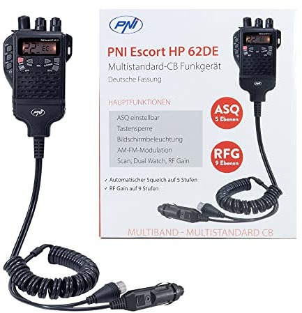 Estación de Radio CB portátil PNI Escort HP 62DE Versión Alemana, multiestándar, 4W, 12V, Am-FM, ASQ Ajustable en 5 Niveles, Ganancia de RF en 9 Niveles, Dual Watch, Scan, Lock