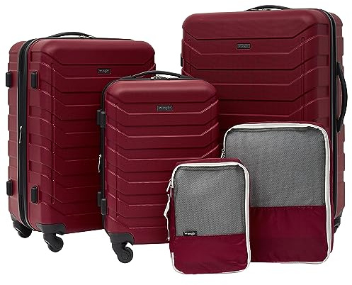Wrangler Red 5 Pc Luggage Set, 5 Piece Set, 28 Check In Suitcase, 24 Check In Suitcase, 20 Carryon, 2 Packing Cubes, 4 Wheel Spinner, Expandable, Water Resistant, ABS Material