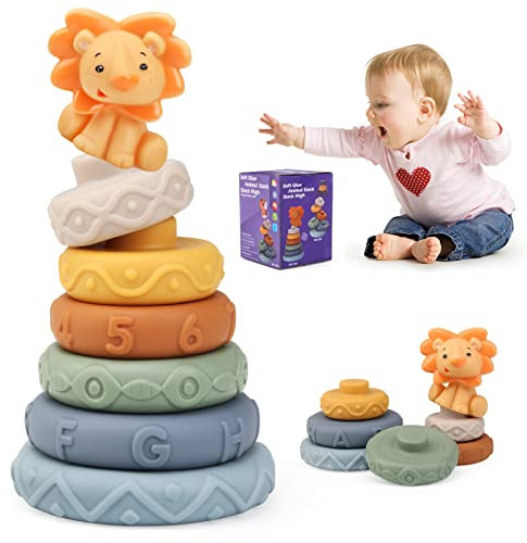 JoyPlus Jeux Montessori Bebe Eveil 6 Mois, 7 Pièces Jouets Empilables avec Anneaux, Tour Souple Empilable, Cube d'activité Bébé, Jouets Sensoriel Dentition pour Bébé, Jeux Educatif pour Bebe 6+ Mois